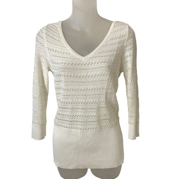 White House Black Market Open Knit Sweater Women’s Medium V-neck Pullover Ivory - Picture 1 of 8